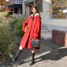 红色针织连帽毛呢羽绒服女冬超火好看高级感保暖加厚中长大衣外套，女装羽绒服，2C010