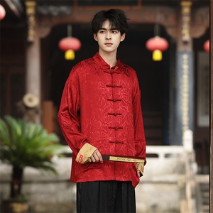 衬衫中式风（黑财神）潮丝绸提花改良唐装外套男女C3460图片