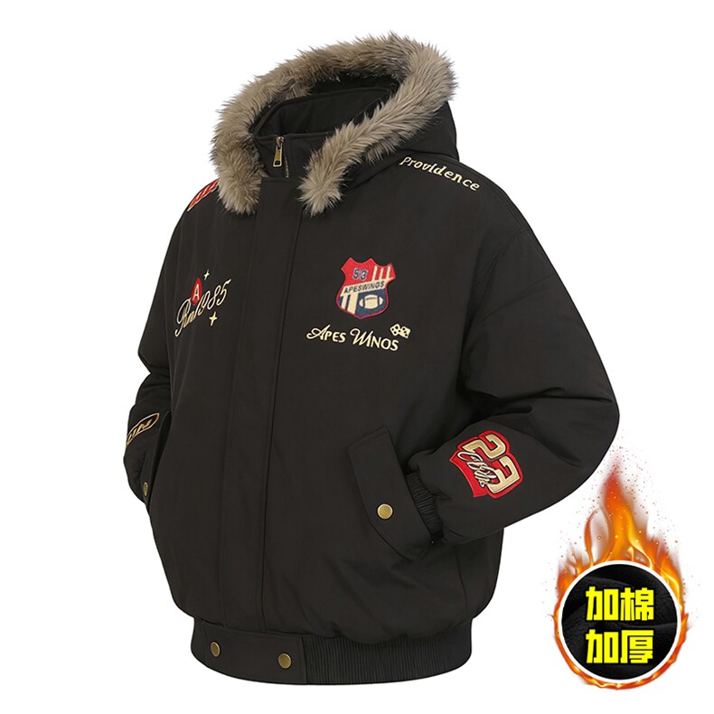 现货高品质美式高街重磅刺绣座山雕大毛毛领棉衣男女加厚棉服外套，男装棉衣，电商A486-1