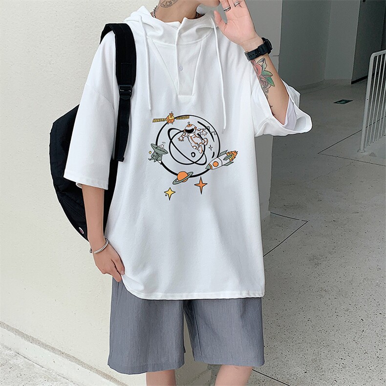 LD54142-P45连帽短袖t恤男大码胖子带帽五分袖中袖,男装T恤,电商A040