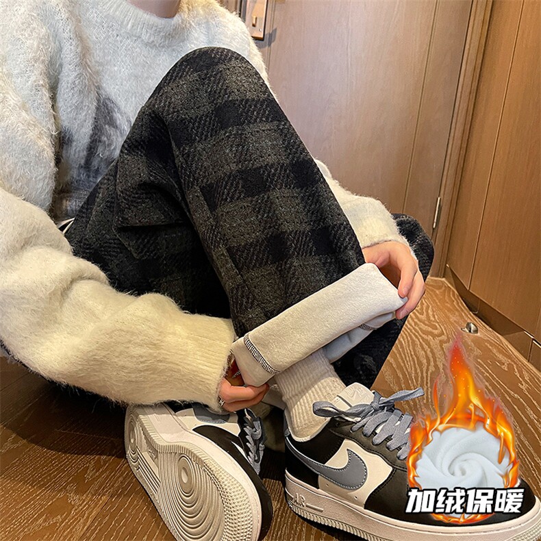 WASSUP HAPPY格子毛呢裤子男春秋夏季2025新款潮牌宽松直筒休闲裤图片