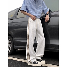 美式条纹拼色阔腿裤子男垂坠感卫裤ins运动裤高街休闲裤K8012-P40，男装休闲裤，星座308B-1