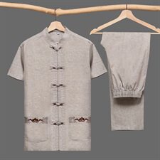 M-7XL中国风中老年唐装男短袖棉麻套装加肥大码爸爸装T002款，男装民族服装，星座802