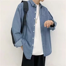 牛仔长袖衬衫男春秋款休闲宽松港风外套男上衣青少年水洗复古衬衣，男装衬衫，星座302B