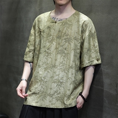 2025夏新款风男汉服盘扣新中式唐装天丝透气竹叶衬衫C131-P75，男装衬衫，电商B277(原6028)