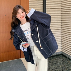条纹拼接风衣式连帽牛仔外套女春秋2025新款超火流行超好看小个子，女装风衣，浙宝285（原212）