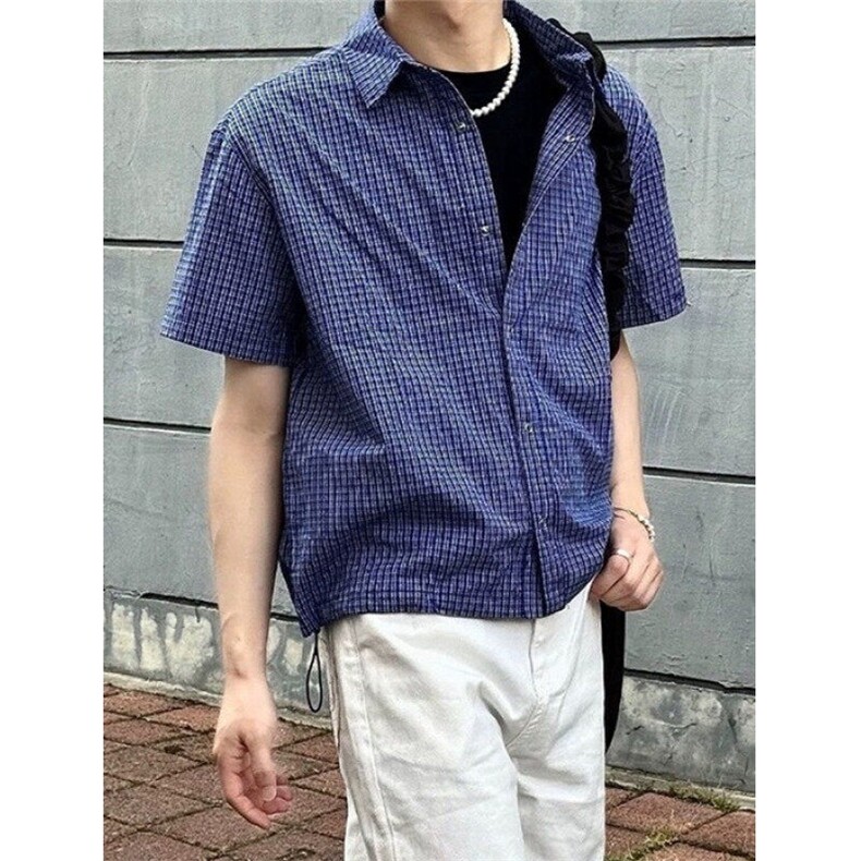 格纹短袖衬衫男初夏穿搭抽绳格子衬衣老钱风半袖外套C217,男装T恤,星座1116A（原606A-3）
