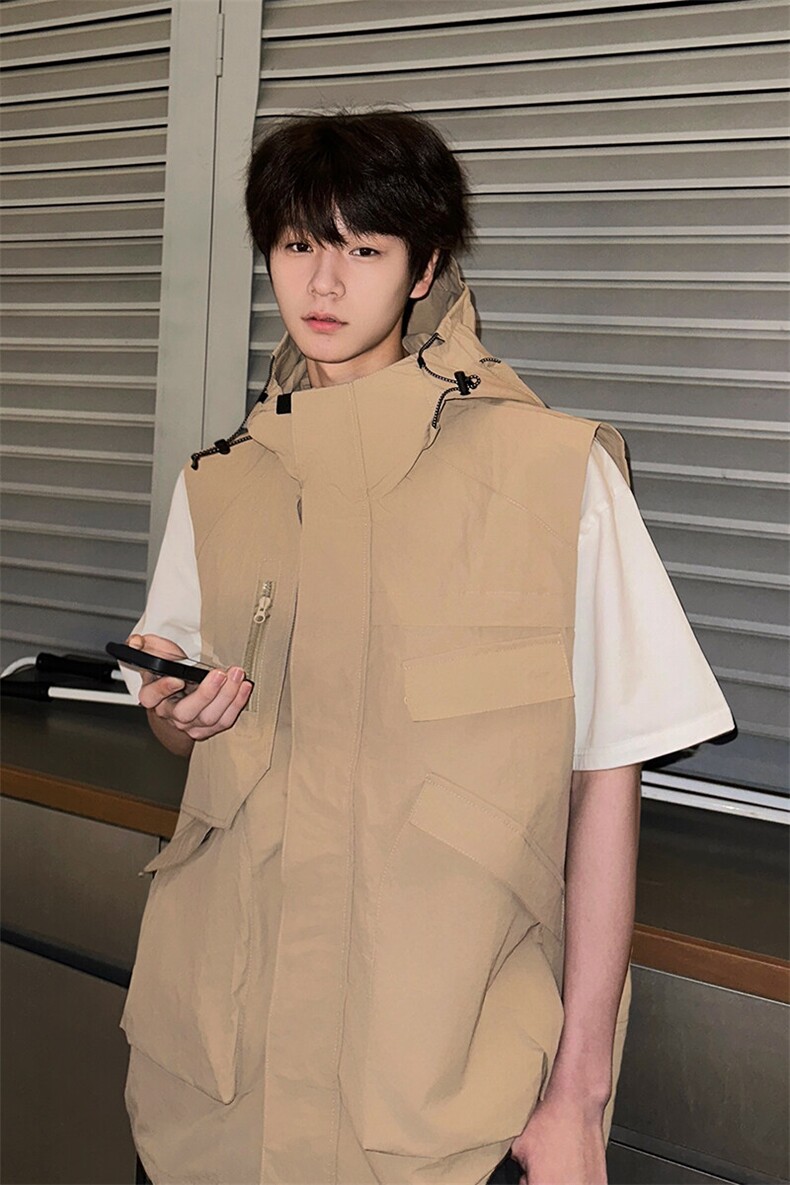 8XL-M四季工装外套街头机能口袋连帽防水无袖马甲坎肩JK1316P78,男装夹克,电商D206-1