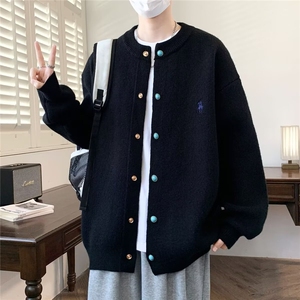 美式潮牌开衫圆领纯色宽松休闲慵懒风毛衣外套简约百搭针织衫男装图片