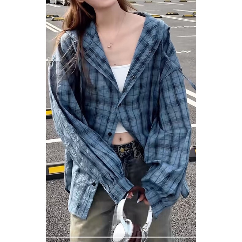 连帽格子长袖衬衫男女宽松衬衣防晒外套美式复古C2238-特价P35,男装防晒衣,电商A007