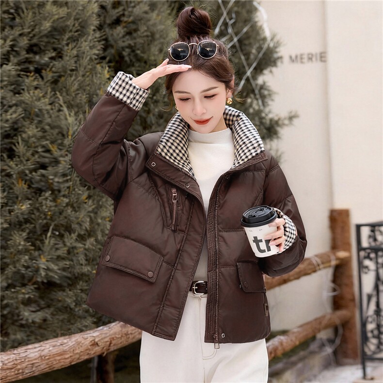 时尚格纹拼接白鸭绒羽绒服皮衣,女装羽绒服,英标秀（1C119）