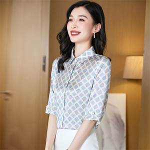杭州真丝衬衫女五分袖中袖重磅桑蚕丝上衣衬衣气质夏装中年妈妈装图片