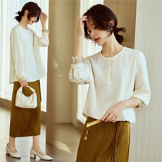 重工刺绣新中式白色衬衫女2026春季新款提花长袖内搭圆领衬衣上衣，女装衬衫，梦懿尔