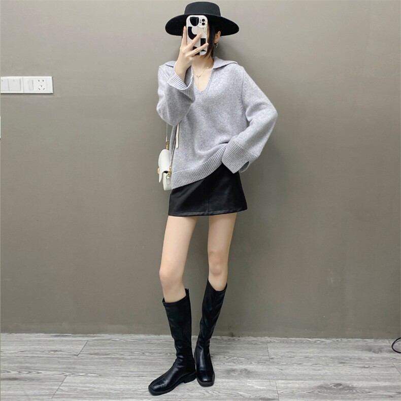 秋冬新款羊绒衫女海军领条纹宽松显瘦设计感廓形套头毛衣针织衫,女装羊绒衫,织绒羊