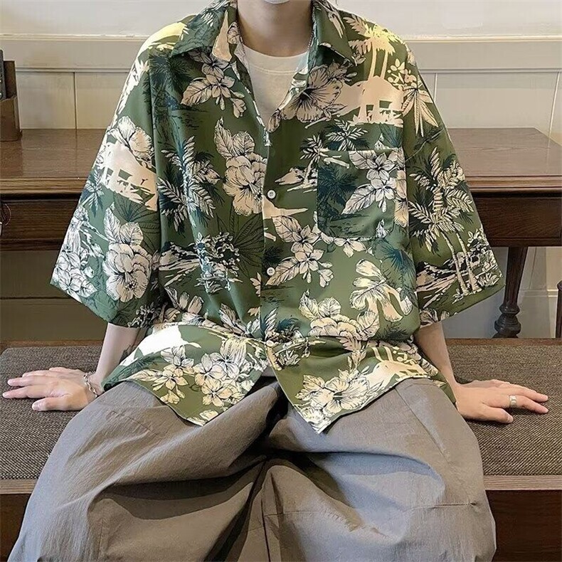 复古港味宽松碎花五分袖衬衫夏威夷沙滩衬衫设计感情侣CSS99P25,女装衬衫,电商D256-2(原A064-2)