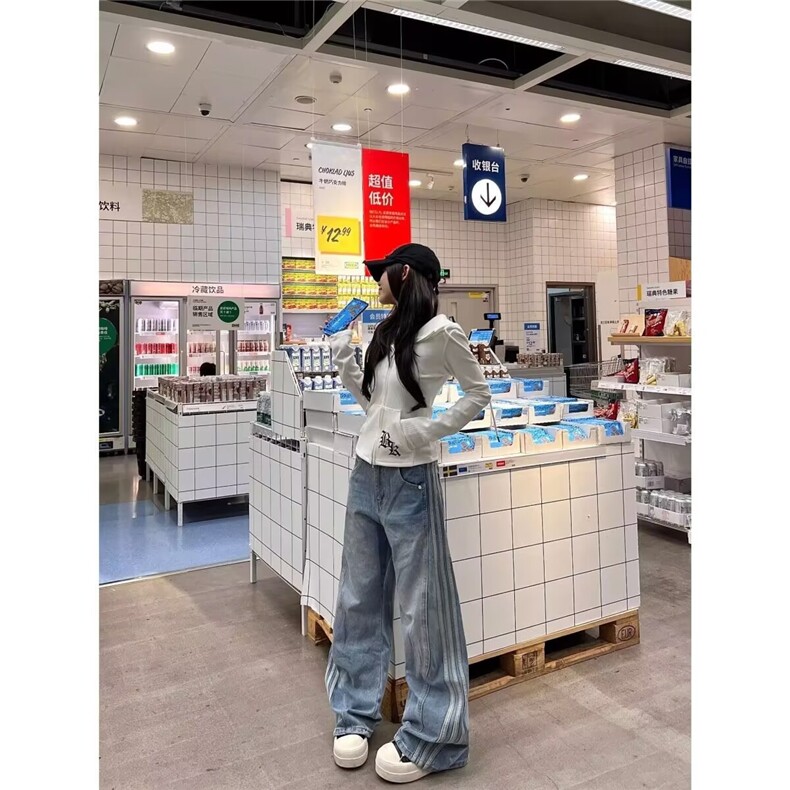 2025韩春夏onebrand香蕉裤拼接缝线洋气浅蓝色直筒牛仔裤,男装牛仔裤,四季星座505