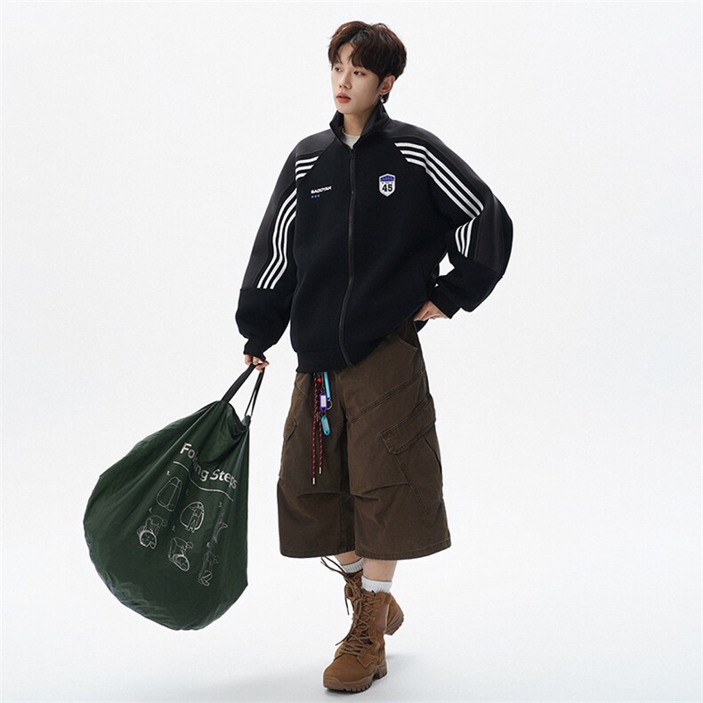 新款条纹运动机车开衫立领卫衣W611P75,男装工装外套,电商A073