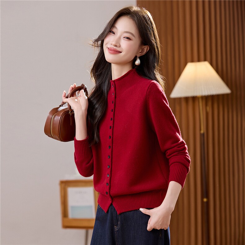 2025秋冬新款100羊毛半高领针织外搭开衫女短外套显瘦休闲上衣，女装羊毛衫，艾米