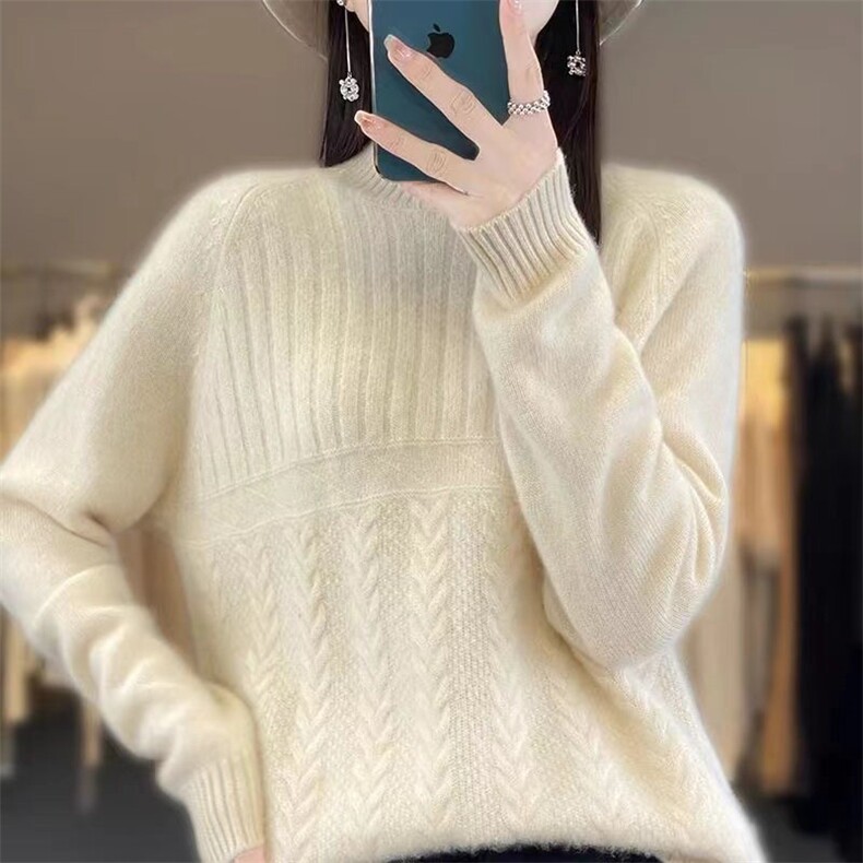 100%纯羊毛衫女半高领扭花加厚针织毛衣宽松针织长袖羊绒衫打底衫图片