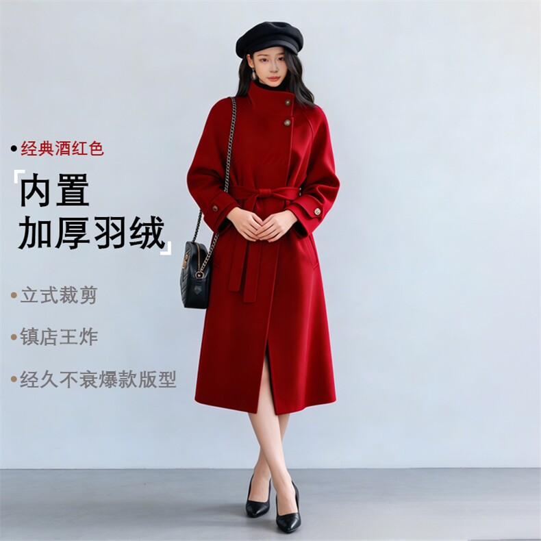 红色羽绒内胆毛呢外套女长款2025冬季新款时尚加厚赫本风呢子大衣，女装毛呢外套，纪茹