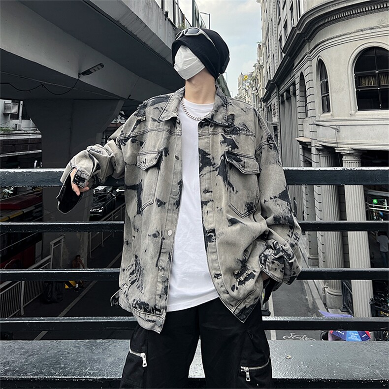 现货5千件男女美式牛仔外套春秋扎染破坏牛仔衣高街夹克NT521P75，男装工装外套，星座301D-2(原星座1004-1）