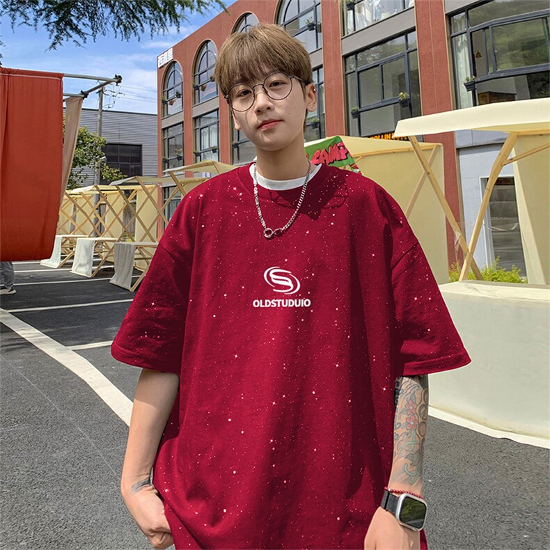 可48小时发货支持抖音得物来样二开美式满天星亮片短袖T恤MTX725,男装T恤,电商A486-1
