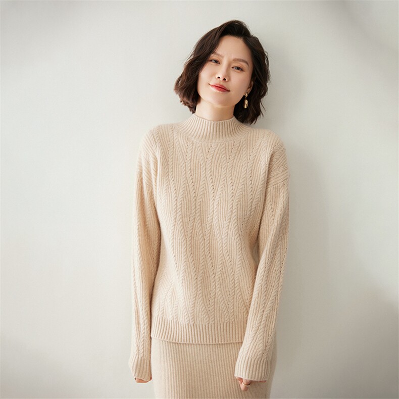 时尚麻花半高领女士羊绒衫显瘦保暖秋冬必备,女装羊绒衫,迎冬羊绒
