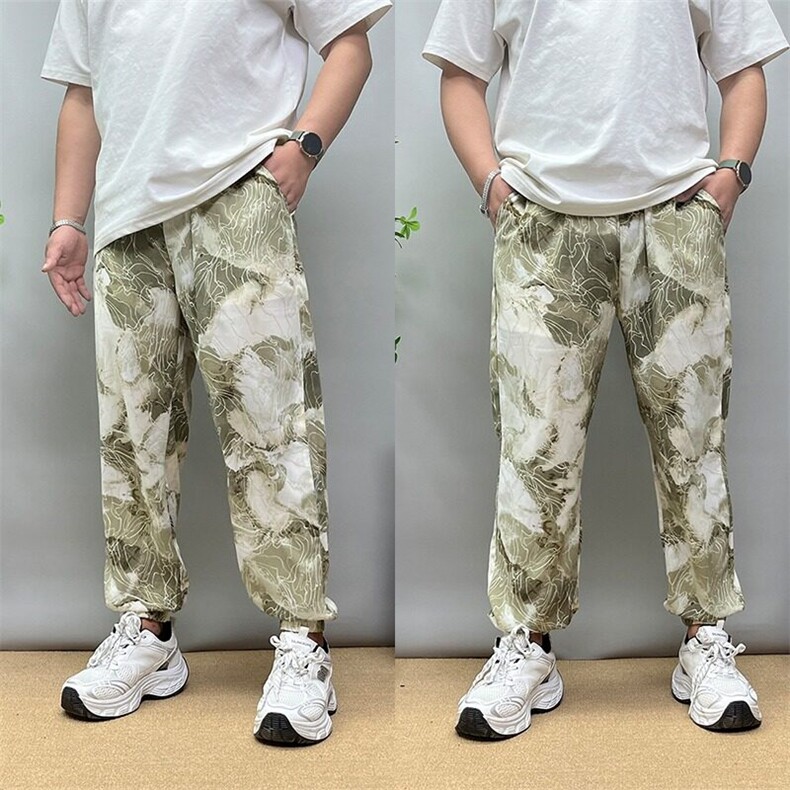 夏季薄款冰丝休闲束脚裤男提花透气宽松哈伦裤印花百搭垂感九分裤图片