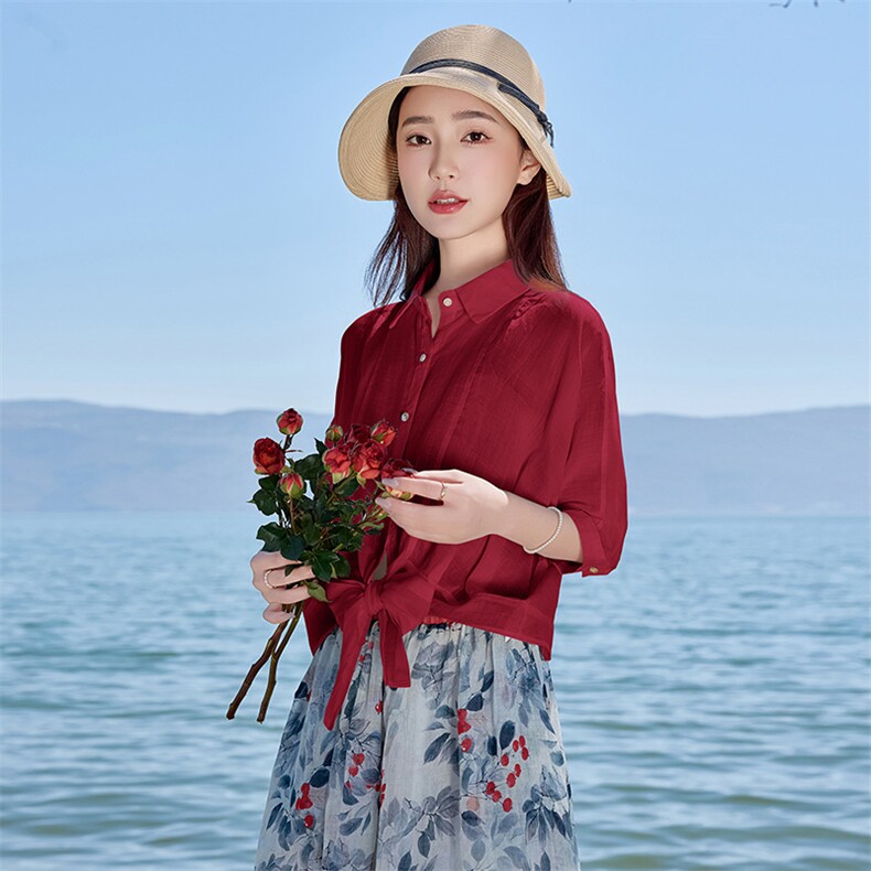 2026年春季女短袖宽松亲肤透气薄苎麻文艺/优雅，女装衬衫，江南依恋