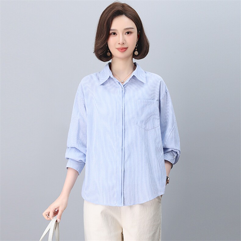 纯棉条纹衬衫女长袖2025年春季新款衬衣减龄洋气小衫中年妈妈上衣,女装衬衫,忆绮罗