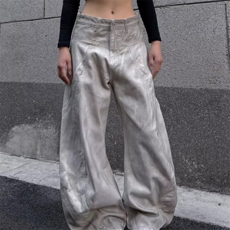 2025美式高街解构拼接设计感脏染白弯刀牛仔裤男女宽松阔腿长裤,男装牛仔裤,星座506A