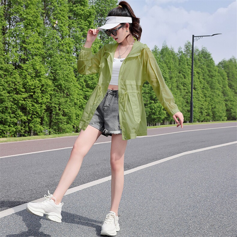 轻薄透气防晒衣女2024夏新款抽绳收腰中长款休闲户外防晒服薄外套，女装防晒衣，依万里