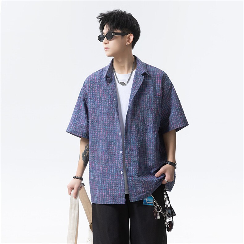 格纹泡泡纱短袖衬衫男 XH112-特p35图片