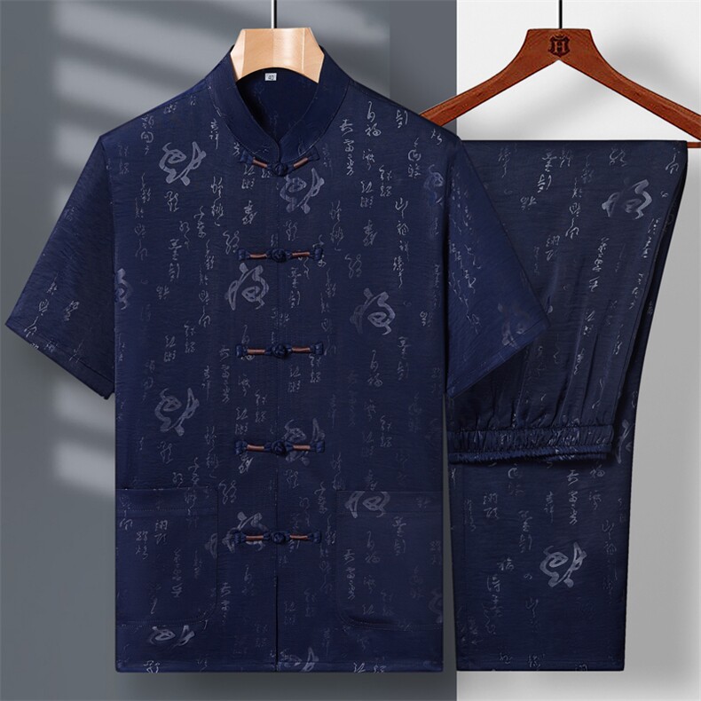 风唐装男冰丝短袖中老年爸爸装夏季薄款套装老人衣服爷爷夏装图片