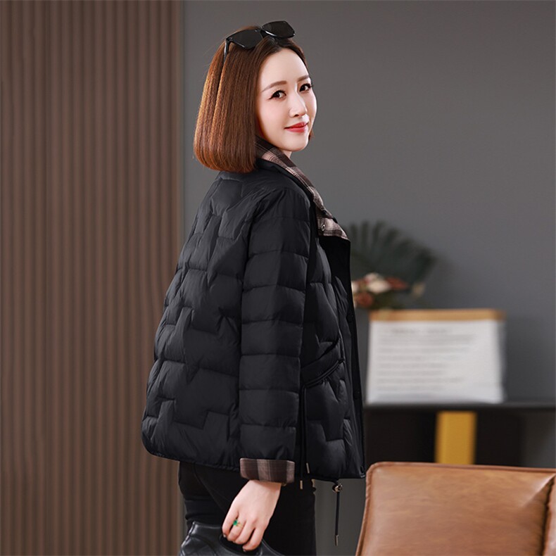 2025冬装新款撞色格纹拼接立领棉衣外套,女装棉衣/棉服,雪樱依海