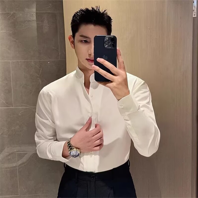 男士长袖衬衫春季免烫衬衫修身型时尚发型师纯色衬衣男青年衬衫潮,男装衬衫,星座218-1（原230）