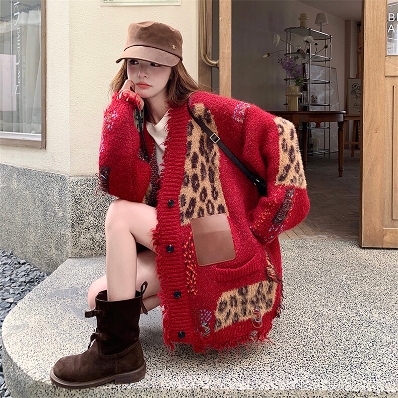 韩系chic独特设计红色针织衫外套女春秋超火好看高级小众开衫毛衣,针织衫/毛衣,2C010
