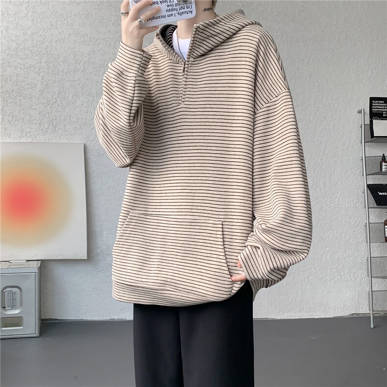 重磅绒感半拉链高领卫衣大码条纹撞色上衣美式连帽外套LW606特P58,女装短外套,电商B215