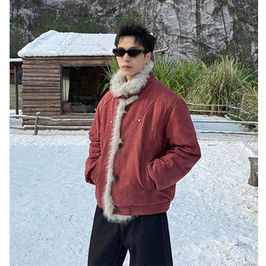 现货重磅硬挺boxy羽绒棉衣座山雕大毛毛领洗水麂皮棉服冬外套,男装棉衣,电商A443