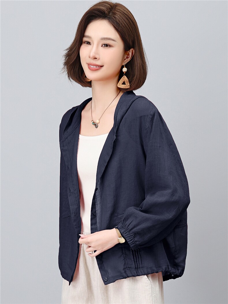 2026夏季苎麻时尚简约大方气质优雅连帽休闲透气上衣,女装衬衫,独衣靓