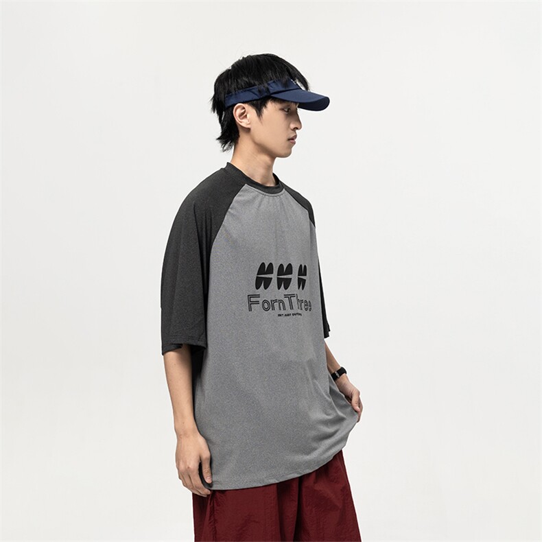 南夏乔装2025夏季新款美式宽松短袖上衣潮流撞色拼接个性印花T恤,男装T恤,电商S006（B521）