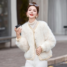 小香名媛风皮毛一体外套女2024冬新款气质短款毛茸茸环保皮草上衣，女装棉衣/棉服，奕薇雅