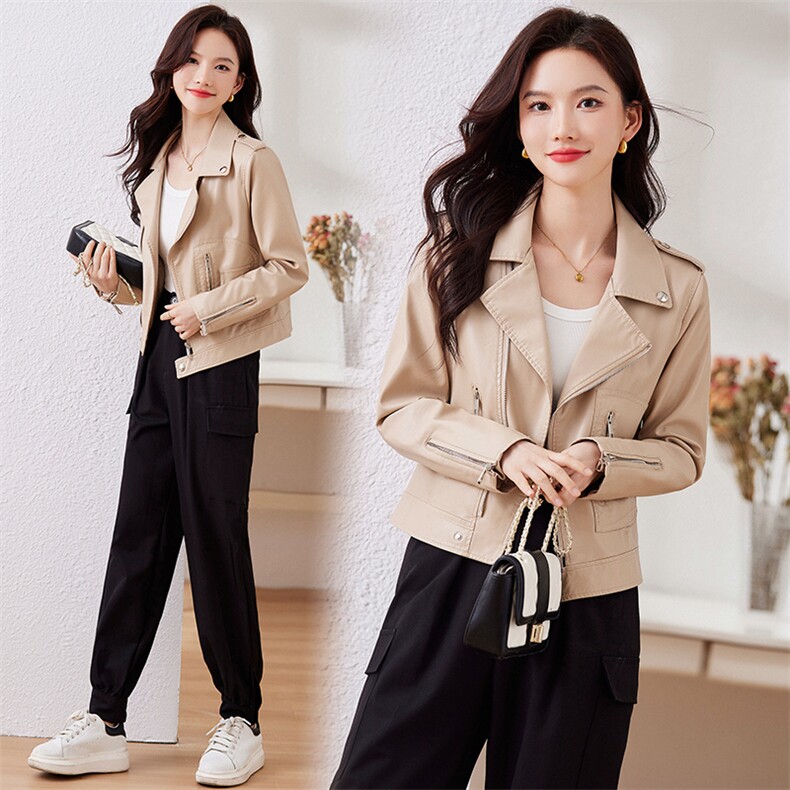 西装领皮衣外套女2023年春季新款韩版短款百搭机车服流行皮夹克,女装皮衣,江南女神