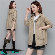 大码女装连帽风衣外套女春秋新款中年妈妈韩版宽松显瘦开春上衣，女装风衣，依万里