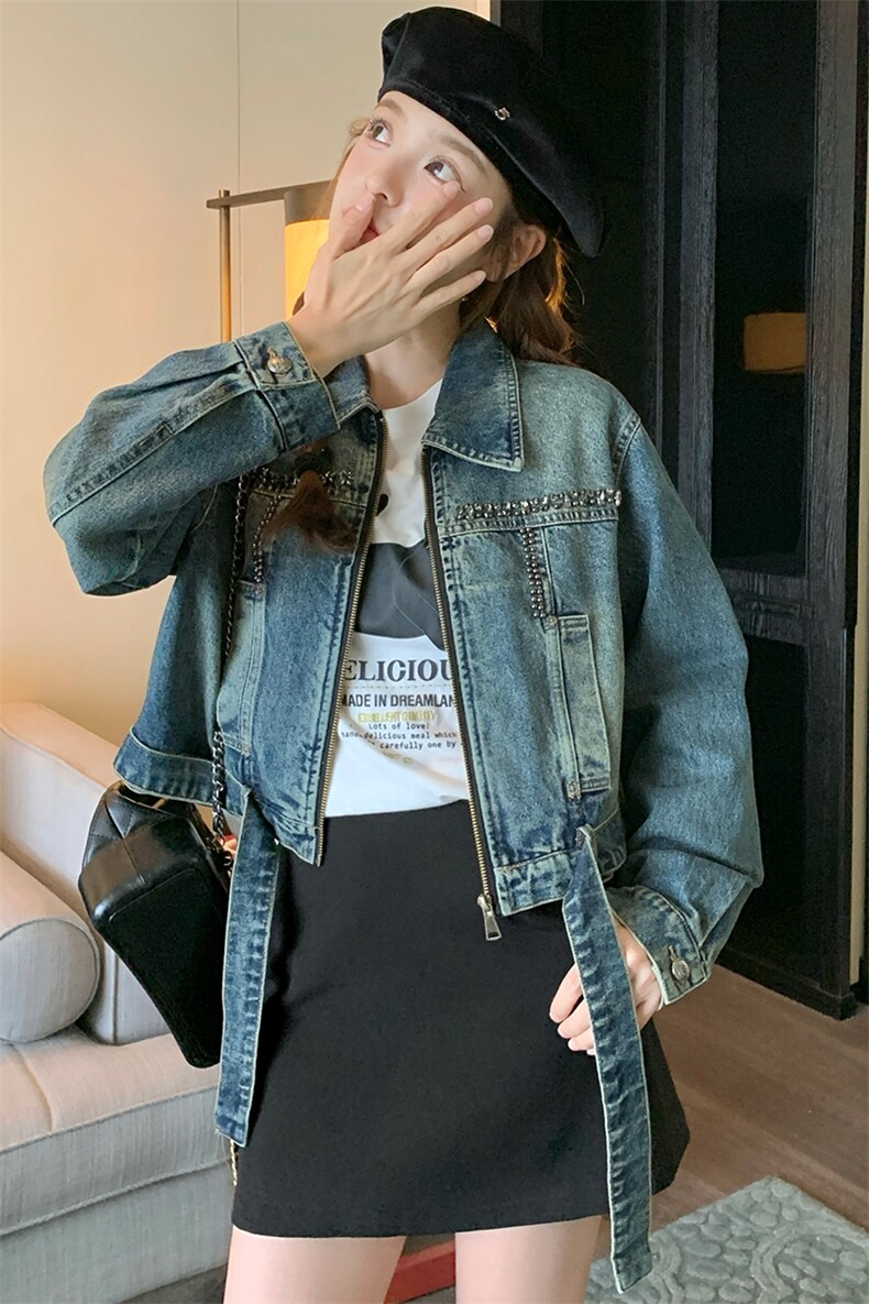 港味酷飒风男友控牛仔夹克女春秋新款韩版小个子美式显瘦短款外套,女装牛仔外套,纯色衣恋