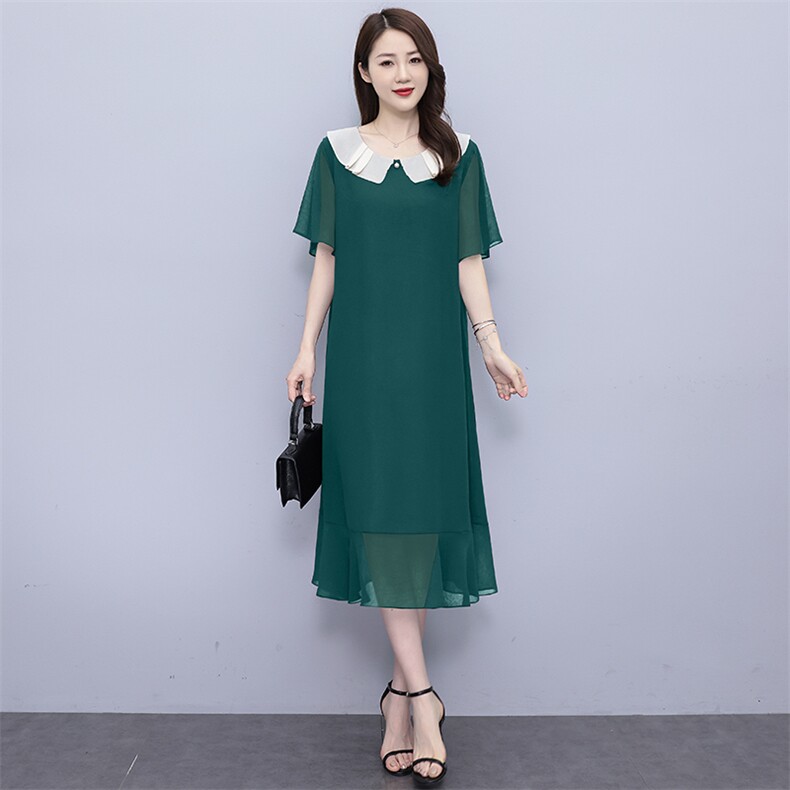 （现货）胖mm短袖雪纺连衣裙女2025夏季新款娃娃领黑色气质裙子,女装连衣裙,深妍伊美