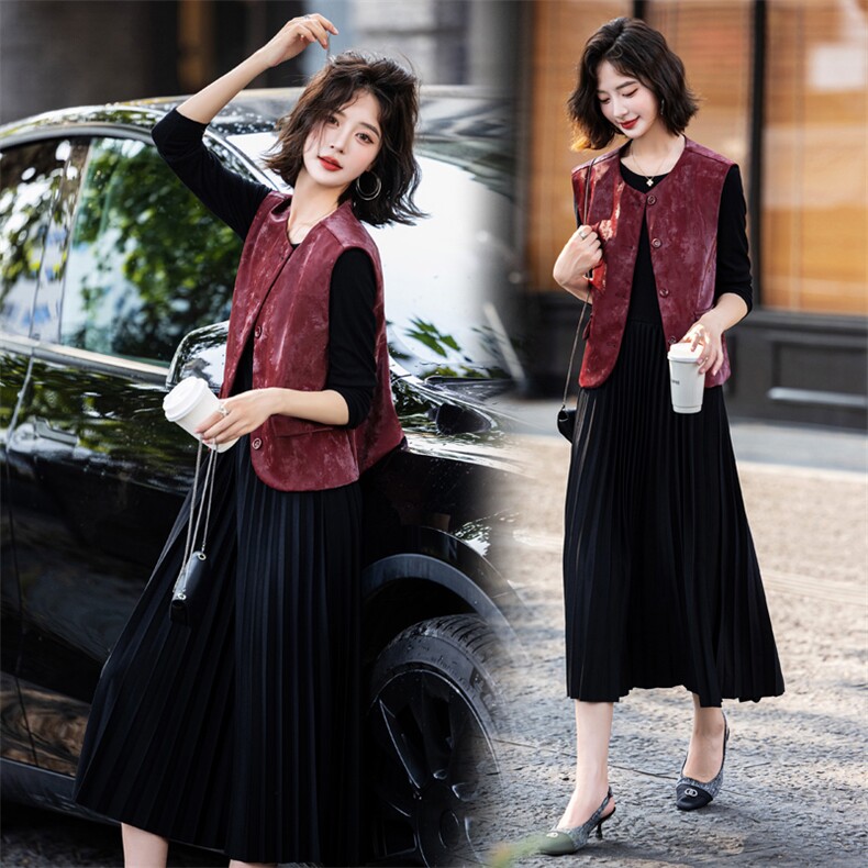 欧洲站时髦复古马甲长裙套装2025春新款女洋气显瘦高级百褶连衣裙，女装套装/套裙，意芙