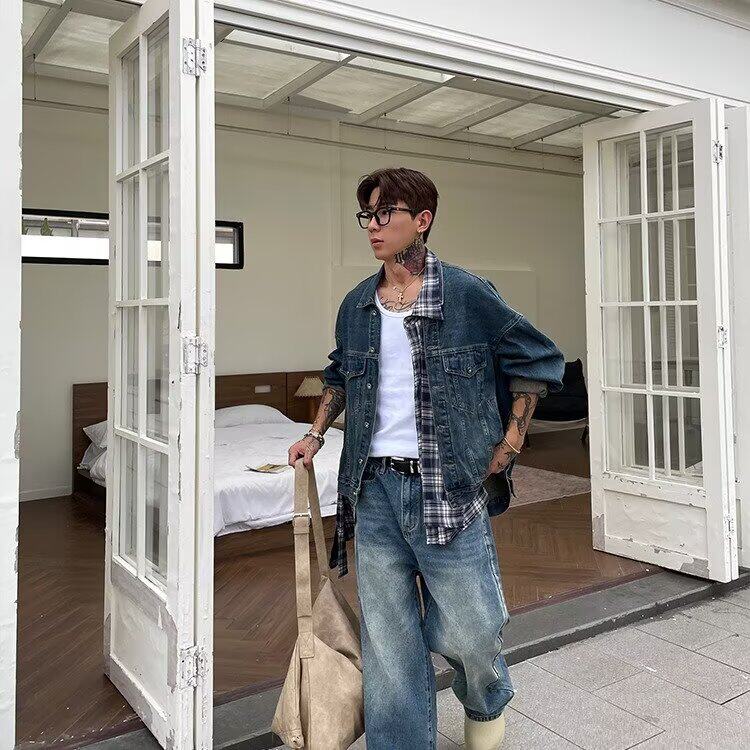 网络图假两件拼接格子牛仔夹克外套男,男装工装外套,星座410-6（原星座1304-1）