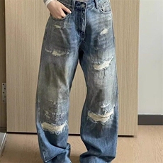 美式高街阔腿裤做旧假破洞牛仔裤宽松直筒痞帅脏脏裤子L76644-p64，男装牛仔裤，星座1008