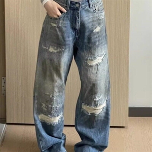 美式高街阔腿裤做旧假破洞牛仔裤宽松直筒痞帅脏脏裤子L76644-p64图片